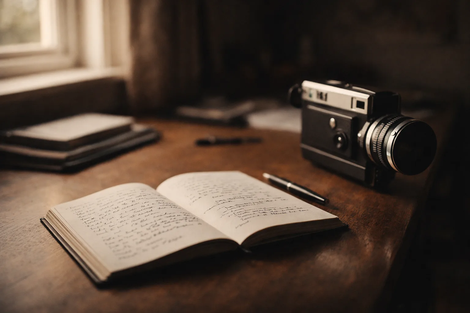 Open working notebook beside a camera on a dark studio desk